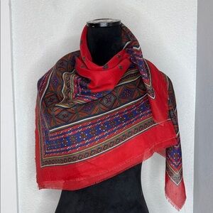 Vintage Italian Red Scarf Boho Luxe European Folk Border Wrap Shawl lightweight